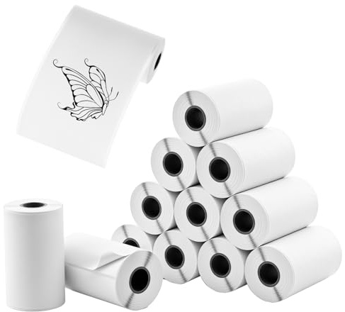 QWORK® 12 Rollen Thermopapier Selbstklebend 53mm x 3.6m – Mini Drucker Rollen für Fotos, Notizen & DIY Journaling, Kompatibel mit Phomemo M02, T02, M02S, Weißes Stickerpapier
