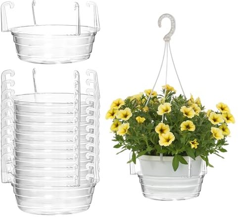 UNeedVog 10 Pack 12 Inch Hanging Plant Water Catcher Tray, Clear Plastic Drip Pan for Hanging Baskets with Hooks, Round Plant Saucer for Indoor Outdoor Flower Pots