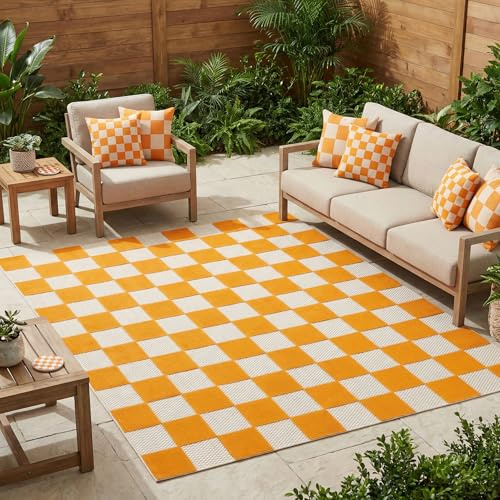 TAPISO Checker Outdoor Teppich Orange Kariert Wetterfest 200 x 300 cm | Balkon Garten Terrasse Camping - Waschbar UV-beständig Strapazierfähig Outdoorteppich Balkonteppich Indoor Flachgewebe