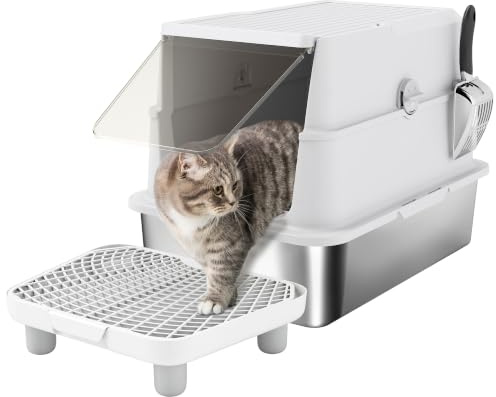 PawHut Katzenklo Edelstahl mit Deckel XL Mit Streufilter-Trittplatte | Katzentoilette mit Streuschaufel, Katzentoilette mit Deodorierungsbeutel, für Katzen bis 7 kg Leicht zu Reinigen Hellgrau