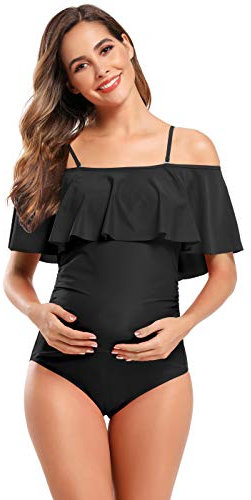 SHEKINI Maillot de Bain Femme Maternité Une pièce à Volants et Épaules Dénudées Bikinis 1 pièce Grossesse Enceintes Élégant Chic pour Femmes de Plage (XL, Noir)