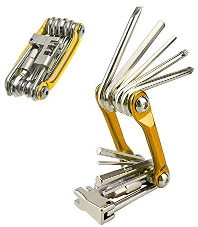 Aiqeer 11 in 1 Strumento Riparazione Biciclette, Attrezzo Riparazione di Bicicletta Multifunzione, Strumento Bicicletta Mini Portatile Pieghevole (Dorato)