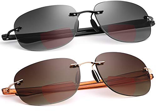 Randlos Bifokale Lesebrille mit Etui Sonnebrille Getönte Gläser Outdoor Sport Sonnenleser Blau Licht blockierende Computer Brille Vintage für Unisex Frauen Männer Nah und Fern UV Blocker Lesegeräte