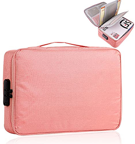GOLCUGYJH Multifunktionaler wasserdichter Dokumenten-Organizer, sichere Dokumenten-Aufbewahrungstasche mit Schloss, tragbarer Dokumentenmappe für Zuhause, Büro, Reisen, Verträge, Schwarz (rosa)