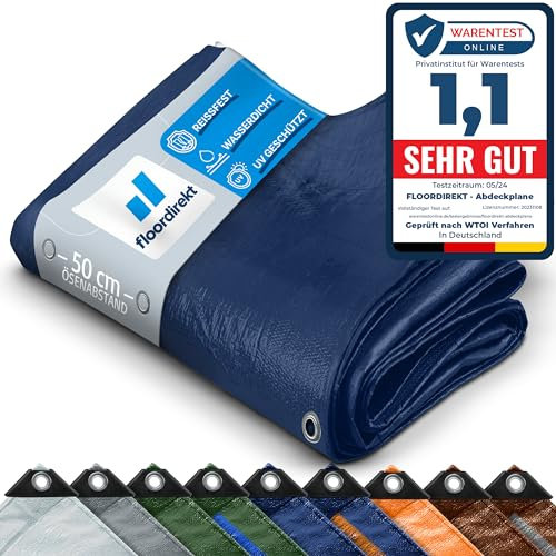 Floordirekt | Toile multiusage avec Oeillets | Bâche de Protection | Toile de Tente pour Le Camping et Le Jardin, imperméable | Bleu, 2m x 3m = 6m² (140 g/m²)