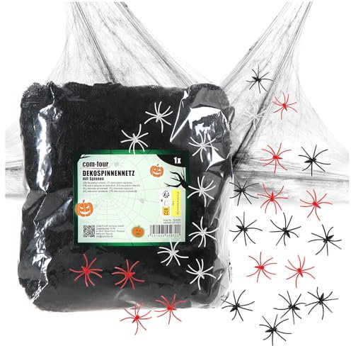 com-four® 25-teiliges Deko-Set für Halloween - 200g dehnbares Spinnennetz mit 24 Deko-Spinnen - gruseliges schwarzes Spinnengewebe als Dekoration für Halloween, Fasching, Horror- oder Mottopartys