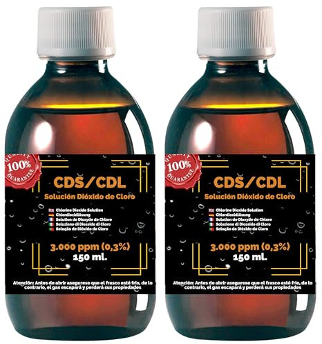 2 X 150 ml. CDS Solución Dióxido de Cloro 500 ml. | 3.000 ppm al 0,3% | Máxima Pureza | Formula Original A. Kalcker | Con Cuentagotas, Precinto de Seguridad y Vaso dosificador | Vidrio de Laboratorio.