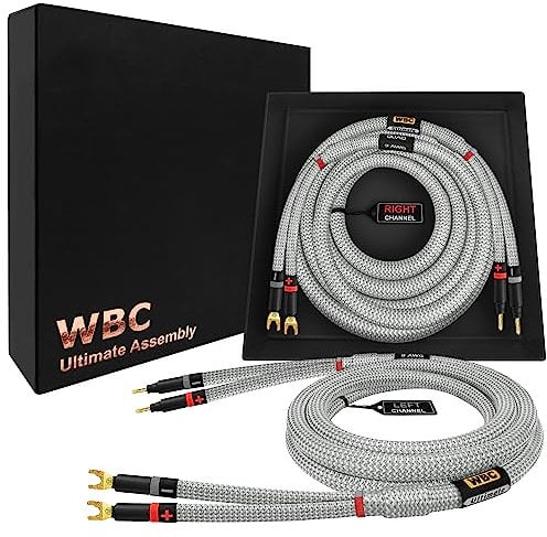 WORLDS BEST CABLES 1.5 Meter ULTIMATE - 9 AWG - Ultra-Pure OFC - Premium Audiophile HiFi Speaker Cable Pair with Eminence Gold Banana (x2) & Spade (x2) Plugs & Silver Tweed Jacket
