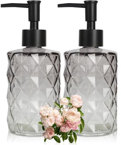 Ulable 2 Pack 340.2 g Glas Seifenspender mit schwarzer Kunststoffpumpe, Farbverlauf Diamant Design Handseifenspender für Handwäsche, Lotionspender, eleganter Badezimmer-Seifenspender für Bad und Küche