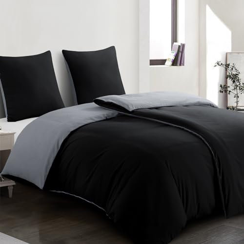 Aisbo Bettwäsche 135x200 4teilig Schwarz Grau - Oeko-TEX Wendebettwäsche 135x200cm 4tlg mit Reißverschluss, zweifarbige Bettbezüge 2er Set aus weich Mikrofaser mit Kissenbezüge