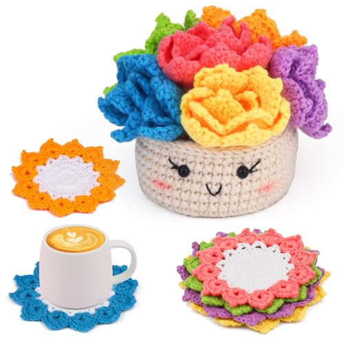 ENCHOL Crochet Kit for Beginners - 6Pcs Handmade Coasters in a Plant Pot Crochet Start Kit, Complete Beginner Crochet Kit with Yarn, Accessories, Step-by-Step Video Tutorials for Adult Beginners