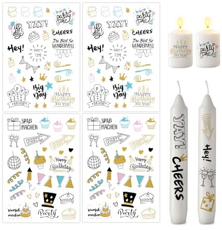 ALLAVA 4 Stück Kerzen Tattoo A5, Kerzentattoos Geburtstag, Wasserschiebefolie Kerzen, Kerzensticker Kerzenfolie Happy Birthday für Kerze Tasse DIY Geschenk, Kerzen Dekorieren, Kerzensprüche (B)