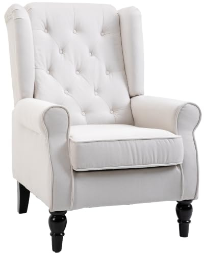 HOMCOM Sessel Ohrensessel mit Armlehnen, mit Kissen, Tufting, Cremeweiß | Loungesessel, Hoher Rückenlehne Armlehnensessel mit Holzbeine, Relaxsessel für Wohnzimmer, Schlafzimmer