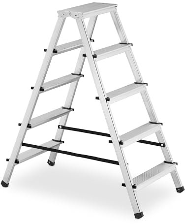Relaxdays Trittleiter klappbar, 5 Stufen, Treppenleiter Aluminium, Leiter bis 125 kg, HBT: 102,5 x 45,5 x 92 cm, Silber