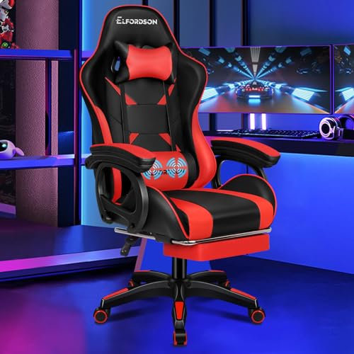 ELFORDSON Gaming Chair with 2-point Massage Lumbar Cushion, High Back PC Computer Game Chair, 150° Reclining Office Chair with Headrest & Footrest, 360° Swivel, Home Esports, PU Leather, Red