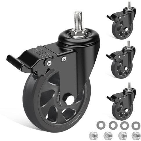 IQWTU 125mm Ruote per Carrello con Perno Filettato M12 x 1,75 x 30 mm, Set di 4 Ruote per Mobili con Freno, Cuscinetti Doppi Rotelle Girevoli a 360°, Ruota Piroettanti per Carichi Pesanti Fino 700kg