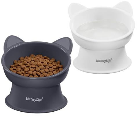 MateeyLife Raised Cat Bowls,2Pcs Food Water Bowls Set Plastic for Small Dog | Cat Feeding Bowls,Kitten Whisker Friendly Anti Vomiting,Angled Pet Feeding Station 15° Elevated with Stand Tilted,BPA Free