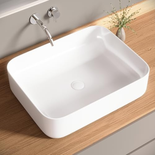 Bazyths Lavabo da Appoggio Bianco in Ceramica Lavabo Moderno per Bagni Ospiti Ristorante (50.5x39.5x13 cm)