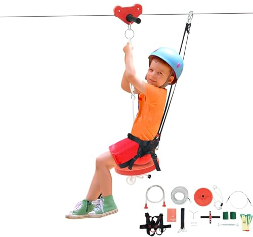 Poyujkyhr Zip Line Kits for Garden, 160ft Zipline Kit with Seat & Safety Harness For Kids and Adults, Zip Wire Kit with Harness & Gloves & Tree Protectors & Spring Brake, 330lbs Capacity