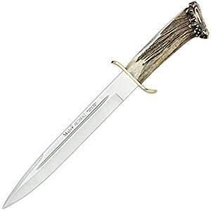 Muela Cuchillo ALCARAZ-26S hoja de acero MoVa de 26 cm y empuñadura de asta de ciervo para Caza Realizado en Ciudad Real + Portabotellas de regalo