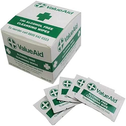 Value Aid Alcohol Free Cleansing Wipes - Moist Wound Cleaning Wipes with Chlorhexidine & Cetrimide for First Aid & Injury Care - Large 200x105mm Individual Sachets - Box of 100