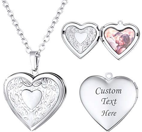U7 collier cœur prenom Femme Platiné Chaîne Pendentif Porte Photo Personnalisé avec Gravure Fleur et Coeur - Collier Personnalisé