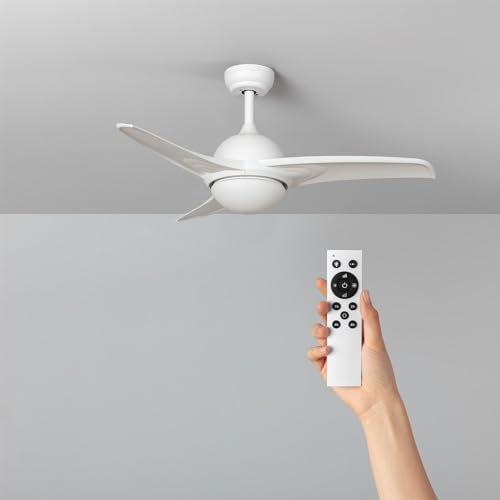TECHBREY Ventilador de Techo Aran con Plafón LED y Mando a Distancia, 6 Velocidades, Temporizador, Silencioso, Color Blanco 107cm Motor DC 3 Aspas Sistema Reverse Air Dual, Modos Verano e Invierno