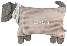 Glückspilz Kuscheltier-Kissen Babykissen I Kinder Tierkissen Hund I mit Namen Bestickt personalisierbar I Waffelpique I Sand