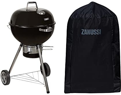 Zanussi ZCKTBBQ22-C Premium Tragbarer 50 cm runder Kessel Holzkohlegrill mit Abdeckung in Schwarz, integrierte Räder, integriertes Thermostat mit Chromgrill, Deckelentlüftung & Aufbewahrungsregal