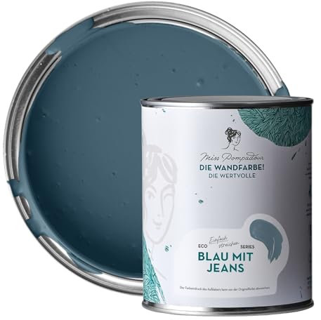 MissPompadour edelmatte Wandfarbe Blau mit Jeans 1L - sehr hohe Deckkraft - geruchsneutrale, spritzfreie Farbe - atmungsaktive, wasserbasierte Innenfarbe/Deckenfarbe - Die Wertvolle