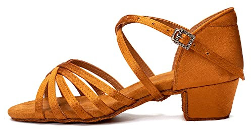 JUODVMP Scarpe Ballo Latino Bambina Scarpe da Ballo Salsa Bambina con Tacco 3cm Marrone Scarpe Latino Donna Americano, 35 EU