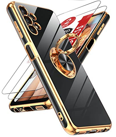 LeYi Coque pour Samsung Galaxy A13 4G-6.6(Pas 5G) avec 2 Verre Trempé+ Anneau Rotatif à 360°, Mince en TPU,Placage Protégé Camera Anti-Rayures Coque A13 Antichoc-Noir
