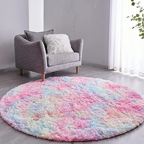 VOFUSHON Teppich Rund 120 cm Regenbogen Waschbar Rutschfester Hochflor Runder Teppich Schlafzimmer Weich Flauschig Rug