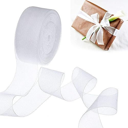 Ruban en Organza Blanc Transparent Rouleau de Ruban Organza 50 Yards Shimmer Sheer Rubans Organza pour Mariage, Carte, Boîte d'emballage, Bouquet, Crafts(4cm)