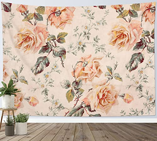 LB Retro Floral Tapestry Pink Rose Flower with Green Leaf Tapestry Wall Hanging Boho Vintage Plant Tapestries Bedroom Living Room Dorm Wall Decor,59x39 inch