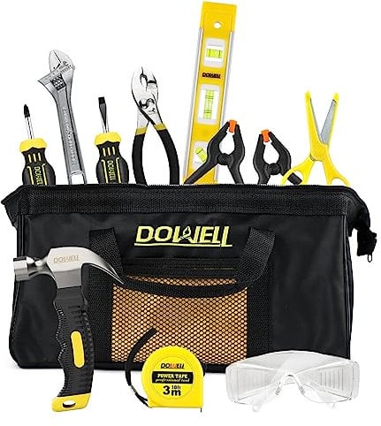 DOWELL Juego de herramientas para niños con bolsa de herramientas, incluye herramientas manuales de metal real para niños y niñas, kit de herramientas de aprendizaje para niños y jóvenes, kit de