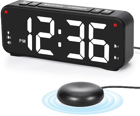 Sukeen Alarm Clock, Vibrating Alarm Clock for Heavy Sleepers, Loud Digital Clock - 6.5 Display, 4 Level Dimmer, 3 Vibrating Modes, 3 Volume Levels, Dual Alarm & 4 Wake-up Modes - White Digit