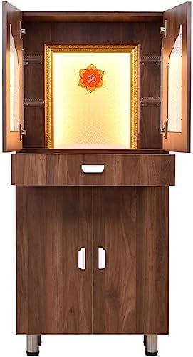 Hölzerner Desginer Tempel mit Vordertüren und Aufbewahrungsschränken/Mandir mit LED-Lichtern | Pooja Mandir für Zuhause und Büro/Holz Pooja Schrank