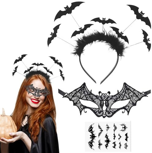 Halloween Haarreif Set, Fledermaus Haarreif, Vampir Haarreifen mit Augenmaske Fledermaus+Fledermaus Tattoos, Fledermaus Haarband für Halloween Karneval Fasching Kostüm Accessoire