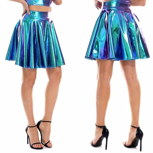 SamHeng Damen Metallischer Faltenrock Mini Skater Minirock Shiny Metallic Plisseerock Low Rise Röcke Tanz Tutu Party Club Kostüm Blau