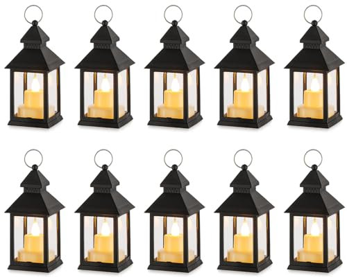 NUPTIO Klein Laterne Halloween Deko: 10 Stück Flackernde LED Teelicht Kerzen Mini Laternen Set Schwarz Hängend Draußen Innen mit Marokkanische Garten Weihnachten Tisch Wohnzimmer Außen Ramadan
