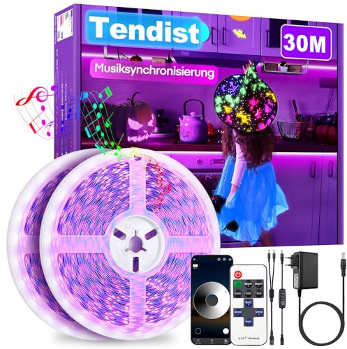 TENDIST 30M Schwarzlicht Led Streifen App Control, Blacklight Led Strip für Party mit Fernbedienung, Smart uv Lampe, 24v Neon Led Strip Selbstklebend für Halloween Deko, Wandteppich, Poster