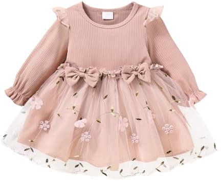 Yanmucy Vestito Bambino della Neonata Vestito Cerimonia Abito Infantile Bowknot Increspature Tutu Outfit Manica Lunga Floreale Pagliaccetto Vestiti (12-18mesi)