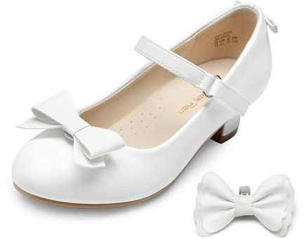 DREAM PAIRS Girls Mary Jane Shoes Toddler Little Girls Heels Sparkly Shoes with Interchangeable Bow for Flower Girl Wedding Party,Size 12 Little Kid,White,SDFL2322K