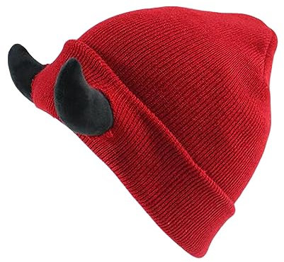 Devil Horn Hat Soft Knitted Beanie Warm Winter Halloween Hat Hip Hop Cap for Indoor Outdoor (Red Hat Black Horns, 20cm*1cm*19cm)
