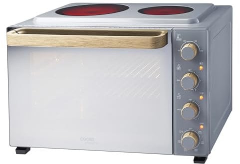Cooks Professional Mini Portable Oven with Ceramic Hobs | Energy Efficient Electric Countertop Cooker with Two Hobs & Wire Rack Baking Tray | Kitchen Grill Ovens | 48L Capacity | Grey Nordic
