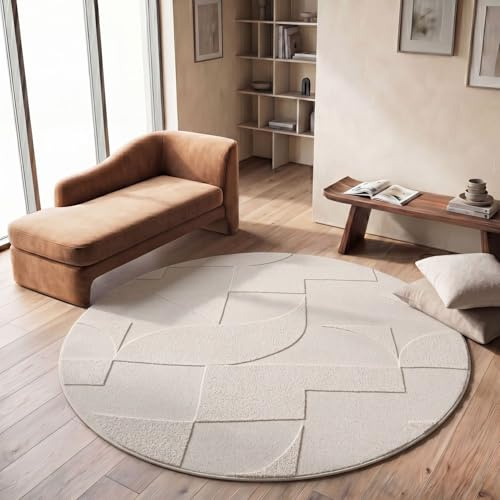 TT Home Wohnzimmer Teppich Schlafzimmer Hochflor Skandinavisches Design Unifarben Geometrisch Boho Style Modern Waschbar, Farbe:Creme, Größe:160 cm Rund
