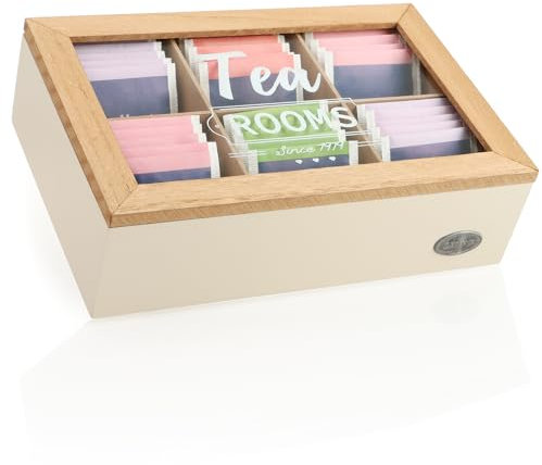 com-four® tea box with 6 compartments for up to 72 tea bags - wooden storage box for tea, coffee pods, spices - tea bag box with glass viewing window [selection varies] (1 piece - grey/brown)