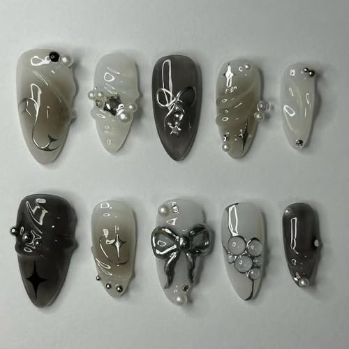MouyouGlow Press on Nails Kurz,Almond Schwarz Airbrushing Stern 3D Bubble Ribbon Bow Tie Schleife Perle Fake Nails mit Nagelkleber,Cool Y2K Coquette Künstliche Fingernägel
