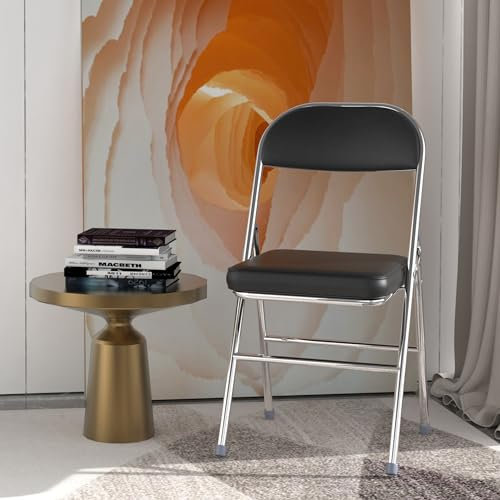 Klappstuhl Gepolstert Tragbare Klappstühle Metallgestell aus Stahl 150 kg Tragkraft klappsessel Kunstleder Schwarz Bürostuhl für Partys Hochzeiten Picknicks Campingstühle Drinnen und Draußen, 1Stück